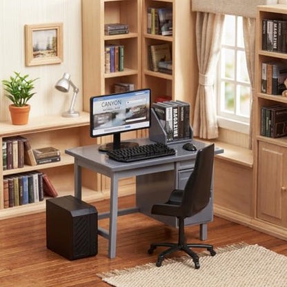 Garneck 2 Sets Miniature Dollhouse Office Desk Set: 1:12 Scale Computer Table Chair Keyboard Mouse Monitor Books CPU Accessories for Mini Furniture Display Pretend School Project