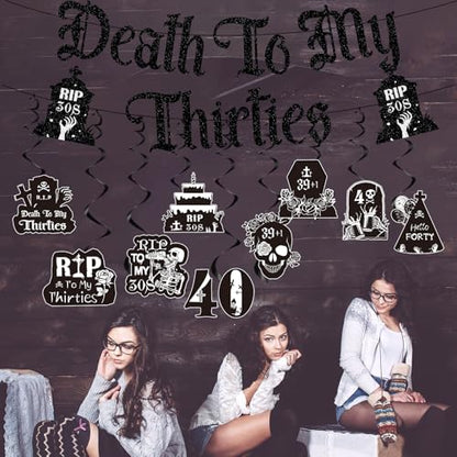 Black Glittery 40th Birthday Decorations for Him Her, Death to My 30s Banners Birthday Decoration, Funeral Rip to My Thirties Hanging Swirls Decor Supplies Women Men - style: Death to My 30s