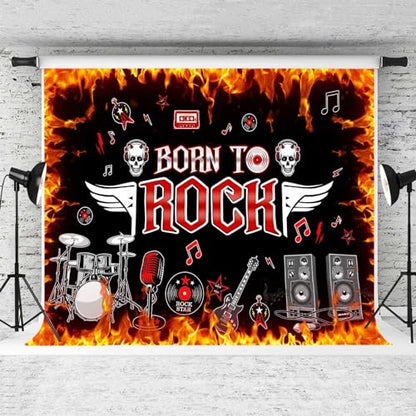 Born to Rock Backdrop, 9x6ft, 1950's Rock and Roll Flame Photography Background Rock Star Rock Music Theme Party Supplies Birthday Party Decor Banner Photo Booth Props BJOKPR0284 - size: 9x6