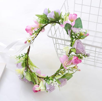 Bridal Flower Crown Adjustable Flower Headband Floral Halo Floral Crown Wedding Party Cosplay Halloween Costume - color: purple