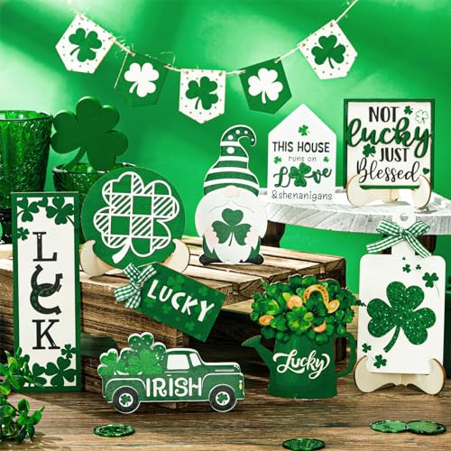 Beeveer 15 Pcs St. Patrick's Day Tiered Tray Decor Set Shamrock Gnome Wooden Sign Rustic Irish Themed Table Centerpiece Tabletop for Home Office Kitchen(Gnomes) - style: Gnomes