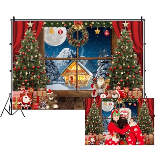 Renaiss 7x5ft Christmas Window Scene Backdrop Winter Wonderland Snow Xmas Tree Full Moon Night Red Curtain Bells Merry Xmas Photography Background for Family Holiday Party Decor Studio Props - color: Red, size: 7x5ft