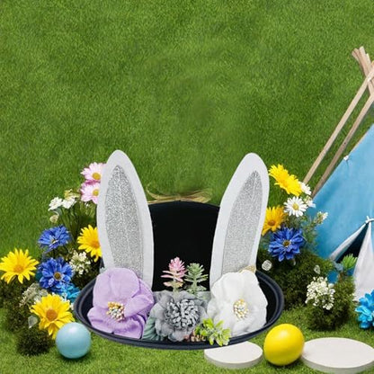 Cute Easter Bunny Ear Top Hat for Adults Rabbit Ears Cosplay Bucket Hat with Artificial Flower Costume Accessory - color: Black