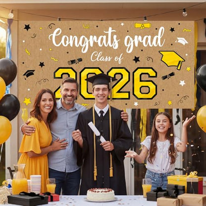 Feifeiya Kraft Paper Graduation Backdrop 2026-62" x 31" Large Brown Congrats Grad Banner Class of 2026 Black and Gold Grad Photography for Wall Graduation Party Classroom Decoration
