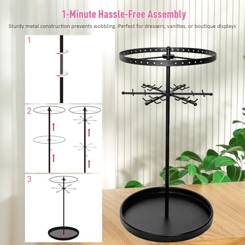 360 Rotating 2-Tier Jewelry Organizer Stand, Large Earring Holder Organizer with 48 Holes for Studs，24 Prongs for Necklaces, Wide Base for Bracelets, Watches, Lipstick, Jewelry Display Stand for Women - color: Metal,2-Tier,Black
