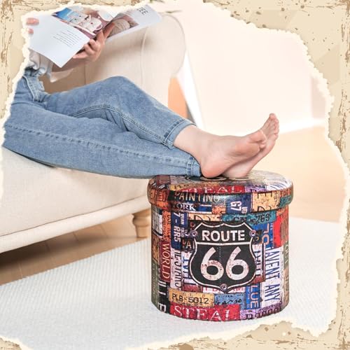 B FSOBEIIALEO Folding Storage Ottoman Round, Faux Leather Foot Rest Seat, Storage Organizer Chest 15" (Route 66 Barrel) - size: 15*15*15 inches