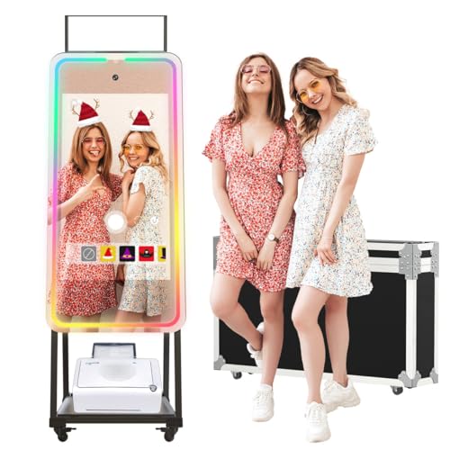 HARZHI Magic Mirror Photo Booth with Printer, 32 Inch Touch Screen, Android 12 System Photo Booth Machine, 12MP 4K Selfie Camera, Free ChackTok Membership, with Flight Case