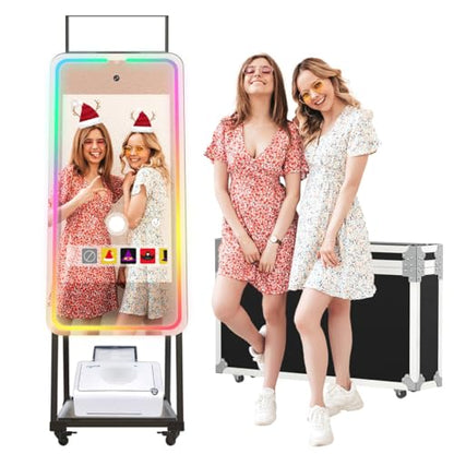 HARZHI Magic Mirror Photo Booth with Printer, 32 Inch Touch Screen, Android 12 System Photo Booth Machine, 12MP 4K Selfie Camera, Free ChackTok Membership, with Flight Case