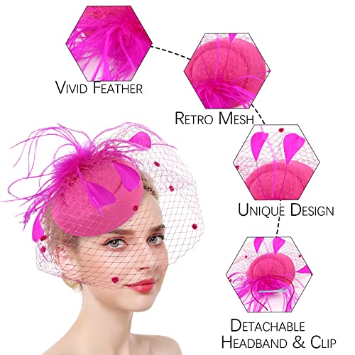 Fascinators Hats with Gloves Set for Women 20s 50s Cocktail Tea Party Wedding Costume Headwear - color: E-hot Pink