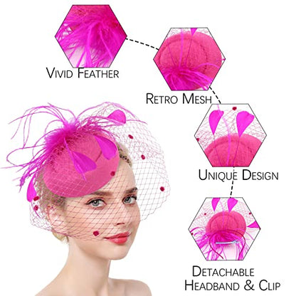 Fascinators Hats with Gloves Set for Women 20s 50s Cocktail Tea Party Wedding Costume Headwear - color: E-hot Pink