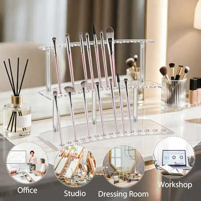 Zourane Acrylic Pen Display Stand, 2-Tier 30 Slot 1.3cm Wide Pen Holder Organizer for Fountain Pens, Makeup Brushes, Art Supplies | for Office, Home, Classroom, Craft Fairs