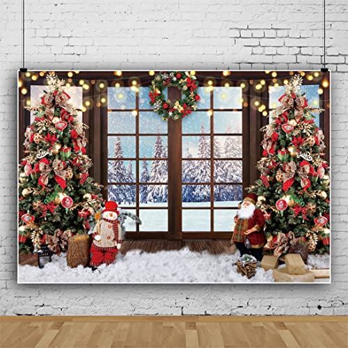 Christmas Backdrop Xmas Tree Santa Claus Window View Photo Background for Christmas and Happy New Year Eve Celebration Party Banner Photography Studio Props (7x5ft, Polyester) - size: 7x5ft-Polyester