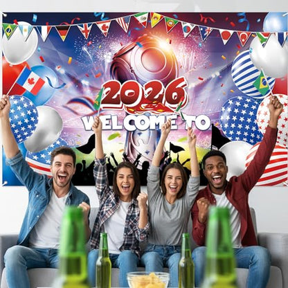 World Cup Backdrop 2026 International Country Flag&Trophy Showcase Decorations Welcome Banner Soccer Merchandise Football Background Classroom Office Sport Event Home Party Photo Booth Props 71×43In