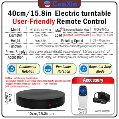 15.8In Remote Motorized Electric Turntable Rotating Display Stand Rotating Platform Photography Turntable motorized lazy susan base giratoria para for Photography,3D Scanner,(Load Range:132~400lbs) - size: 15.8inch/Black/400Lbs Load
