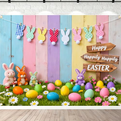 Easter Backdrop 8x6FT Large Happy Easter Photo Backdrop with 32.8ft Ribbon and 4 Grommets, Colorful Bunny Eggs Easter Backdrops for Photography Spring Party Baby Shower Studio Decorations - color: Easter Backdrop, size: 8x6FT