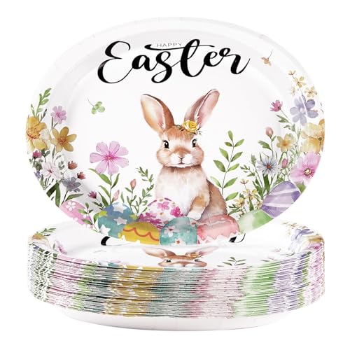 50PCS Easter Oval Paper Plates Easter Decorations 10" X 12" Large Easter Bunny Paper Plates Disposable Easter Party Plates Bunny Egg Flowers Tableware for Spring Easter Holiday Party Supplies - style: 50PCS Easter Oval Kit