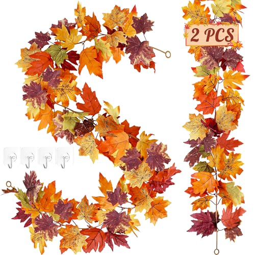 Helimoto Fall Garland, 2 Pcs 11.8 FT Thankgiving Decorations for Home, Hanging Maple Fall Leaves Garland, Artificial Autumn Thanksgiving Decor Outdoor Indoor for Wedding Party Fireplace Mantle Decor - color: Dark Brown, size: 2 Pcs