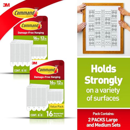 Command Medium and Large Picture Hanging Strips, Damage Free Hanging Picture Hangers, No Tools Wall Hanging Strips for Living Spaces, White, 16 Medium Pairs and 16 Large Pairs (64 Total) - size: 16 Large Pairs, 16 Medium Pairs