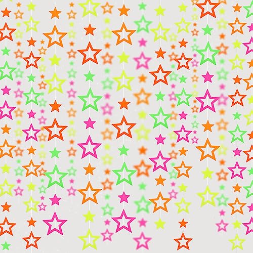 126feet UV Neon Streamers Glow Garland Hollowed Star Paper Hanging Ornaments Glow in The Dark Supplies and Decorations Blacklight Reactive Fluorescent Black Light Party Kit Wedding Birthday Streamers - color: 6 Neon Hollow Star Garland