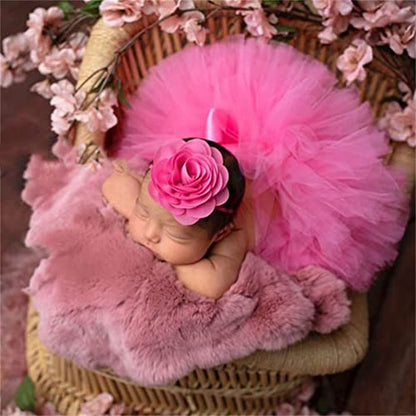Baby Photography Props Boy Girl Photo Shoot Outfits Newborn Lovely Costume Tutu Dress Flower Headband - color: Mei Hong