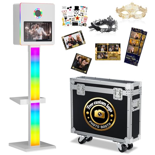 DSLR Photo Booth Built-in Mini PC and Flight Case Mirror Photo Booth with 15.6" Touch Screen RGB Lights App Control for Parties Weddings Event Rentals (White) - color: White
