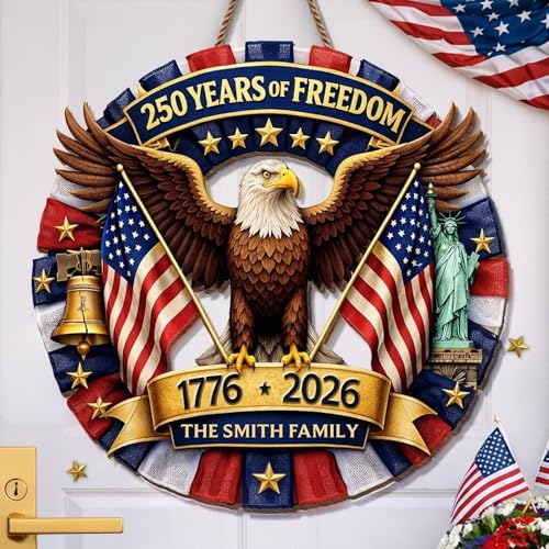 Personalized 250th Anniversary Patriotic Wood Wreath Door Sign 1776-2026, Custom Family Name Round Door Hanger, Independence Decor, Decoration Gifts, Gift For Mom, Dad, Brother, Family /11 - color: Design 11