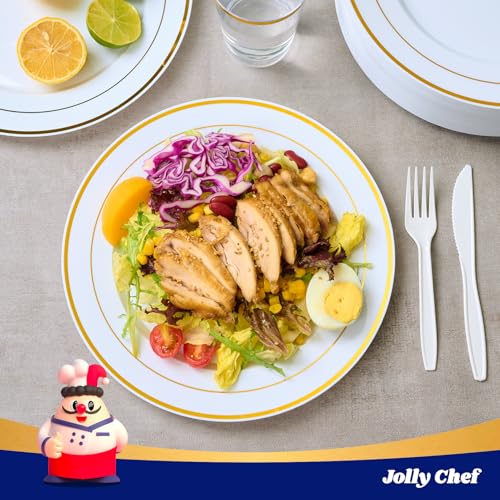 JOLLY CHEF 100 Pieces Gold Plastic Plates, 10 Inch Elegant Disposable Dinner White with Gold Rim, Disposable Plastic Plates for Christmas, Birthdays and Weddings - style: Gold-100