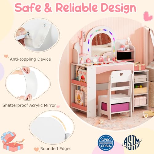 Costzon Kids Vanity, Girls Vanity Set with Lighted Mirror, Bookshelf, Jewelry Storage, Toddler Makeup Vanity Desk Dressing Table, Wooden Kids Vanity Table and Chair Set (White) - style: White