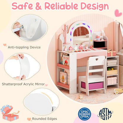 Costzon Kids Vanity, Girls Vanity Set with Lighted Mirror, Bookshelf, Jewelry Storage, Toddler Makeup Vanity Desk Dressing Table, Wooden Kids Vanity Table and Chair Set (White) - style: White
