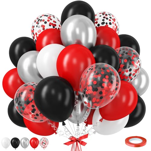 Black Red Balloons, 12 Inch Black Red White and Silver Latex Balloons with Confetti Balloon Party Decoration for Cartoon Birthday Race Car Game Theme Graduation Halloween Party Supplies - color: Black Red Silver