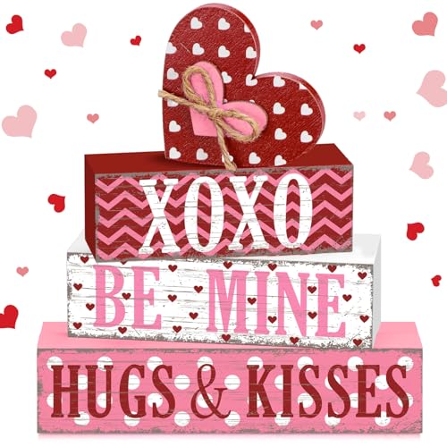 GlikCeil 4 Pcs Valentine's Day Table Sign Tiered Tray Decor Valentine's Day Heart Table Wood Block Decorations Centerpieces Farmhouse Rustic Be Mine Hug Kisses Decor for Home Office Desk Shelf Decors - style: Heart