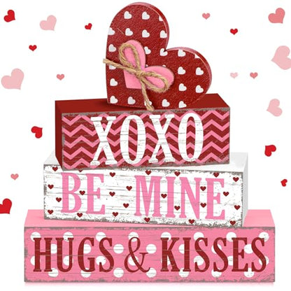 GlikCeil 4 Pcs Valentine's Day Table Sign Tiered Tray Decor Valentine's Day Heart Table Wood Block Decorations Centerpieces Farmhouse Rustic Be Mine Hug Kisses Decor for Home Office Desk Shelf Decors - style: Heart
