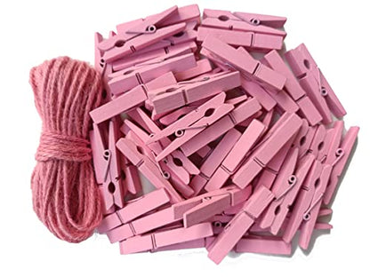 1.9" Pink Wooden Clothes Pins DIY Photo Garland Baby Shower Bag Clips Decorative Clothespins with Jute Twine Pack 50 - color: 50pcs (2 Inch) Pink + Jute Twine