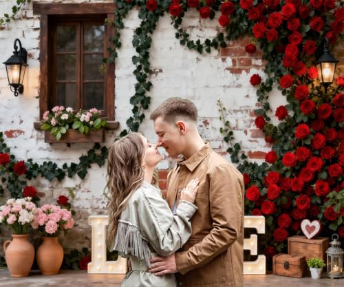 10x8ft Valentines Day Backdrop Rustic Wooden Window Greenery White Rose Wall Valentine Photo Props for Photoshoot Happy Galentines Photography Background Valentine's Day Party Decorations Wall Decor - color: Red, size: 10x8ft