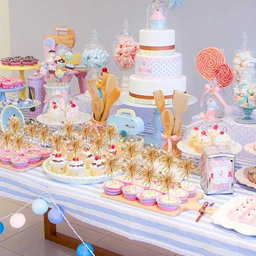 30 PCS Foil Firework Cupcake Toppers Happy Birthday Cake Toppers Star Sparkle Tinsel Flower Drink Stirrers Cocktail Fruit Toothpicks for Valentine's Day Baby Shower Birthday Party Supplies Gold - color: A Gold New