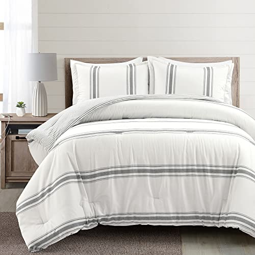 Lush Decor Farmhouse Stripe Reversible Cotton Comforter Set, 3 Piece Set, Full/ Queen, Dark Gray - Cozy Farmhouse Bedding Set - Rustic Decor - Striped Comforter - Modern Farmhouse Bedroom Decor - color: Dark Gray, size: Full/Queen