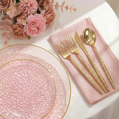 I00000 150Pcs Clear Pink Plastic Plates with Gold Rim,Pink Disposable Plates,Clear Hammer Patterned Disposable plates Set include 30 Dinner Plate,30 Dessert Plate,90 Plastic Silverware Set for Party - color: Clear Pink