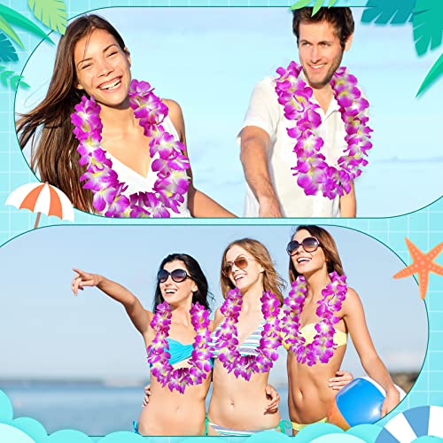 Sherr 24 Pcs LED Purple Leis Light up Wedding Hawaiian Leis Flower Necklace with LED Lights Beach Tropical Carnival Party Wedding Supplies Luau for Masquerade - color: Purple