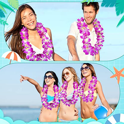 Sherr 24 Pcs LED Purple Leis Light up Wedding Hawaiian Leis Flower Necklace with LED Lights Beach Tropical Carnival Party Wedding Supplies Luau for Masquerade - color: Purple