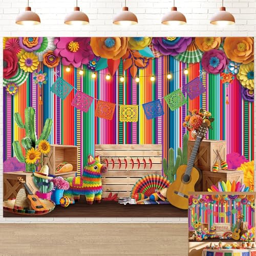 Mexican Fiesta Banner Backdrop 8x6FT 3D Paper Flower Colorful Striped Cinco De Mayo Photo Background Mexican Theme Party Decorations Supplies for Home Party - size: 8x6FT