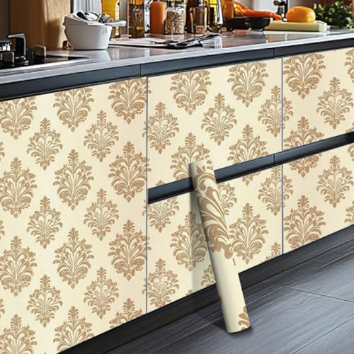 HOMETITUTE Wallpaper Peel and Stick Gold Damask on Beige Background Contact Paper Wall Paper Stick 17.7" x 118.1" Self Adhesive Removable Vinyl Wall Covering Bedroom Kitchen Bathroom Home Decor - color: Gold Damask on Beige Background