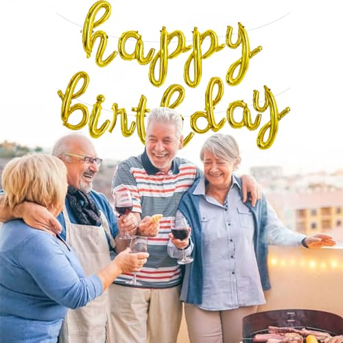 TONIFUL Gold Happy Birthday Balloons Banner,Cursive Happy Birthday Balloon Birthday Decorations Gold Mylar Foil Birthday Ballons for Kids and Adults - color: Low Gold