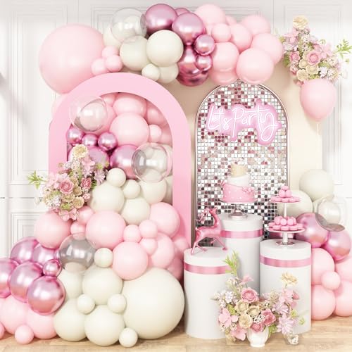 Pink and White Balloon Arch Kit,Boho Balloon Garland with Pink White Metallic Pink Clear Balloons for Wedding Birthday Baby Shower Valentines Day Bachelorette Girls Birthday Party Decorations - color: Pink White Clean