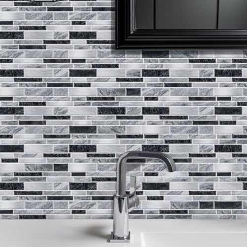 Heikki Peel-and-Stick Self-Adhesive Wall Tiles, 4.7×9.7-inch Kitchen & Bathroom Splashback Tiles, Marble Pattern Design (48-Piece Set) (Black-Gray) - color: Black-Gray