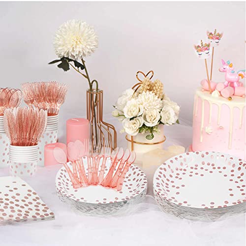 AIRE 175PCS White and Rose Gold Paper Plates Party Supplies for 25 Guests Party Decorations Dinnerware Rose Golden Dot Paper Plates Napkins Cups Gold Plastic Forks Knives Spoons for Wedding Birthday - color: 175Pcs White and Rose Gold