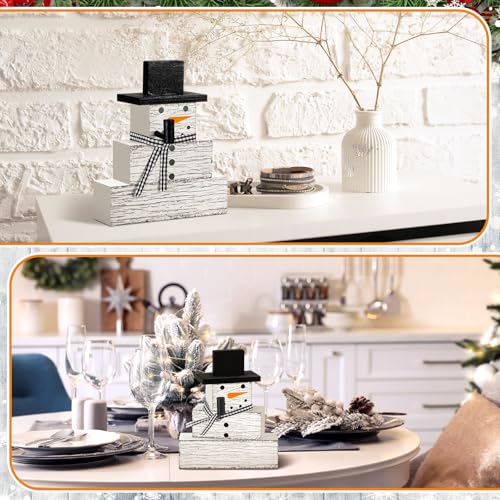 Geelin 4 Pcs Snowman Decor Winter Table Decorations Christmas Tiered Tray Decor Winter Centerpiece Decorations Indoor Rustic Wooden Snowman Block Sign Gift for Home Table Kitchen Shelf - style: Snowman