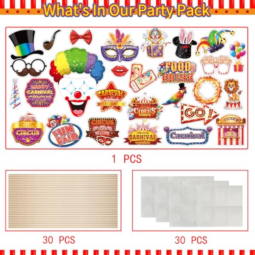 Carnival Photo Booth Props, Konsait 30Pcs Circus Carnival Photo Props - Carnival Theme Party Decorations Selfie Picture Props, Circus Photo Booth Props Party Favors