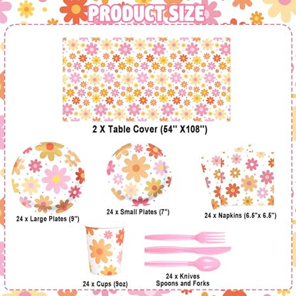 Groovy Party Supplies Daisy Groovy Tableware Set Serves 24 Include Boho Daisy Tablecloth Hippie Tableware Set for Boho Hippie Retro Birthday Baby Shower Party Decor