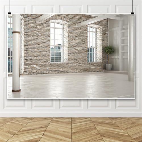 Yeele 5x4ft Modern Villa Backdrop for Photography Business Office Green Plant Brick Wall Empty Living Room Background for Online Meeting Video Conference Photo Studio Shoot Props Vinyl Wallpaper - size: 5x4ft