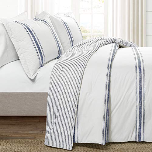Lush Decor Farmhouse Stripe Reversible Cotton Comforter Set, 3 Piece Set, King, Navy - Cozy Farmhouse Bedding Set - Rustic Decor - Striped Comforter - Modern Farmhouse Bedroom Decor - color: Navy, size: King